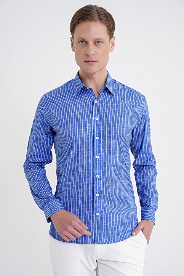 Slim Fit Lapel Collar Stretch Cotton Dark Blue Striped Shirt g 1599