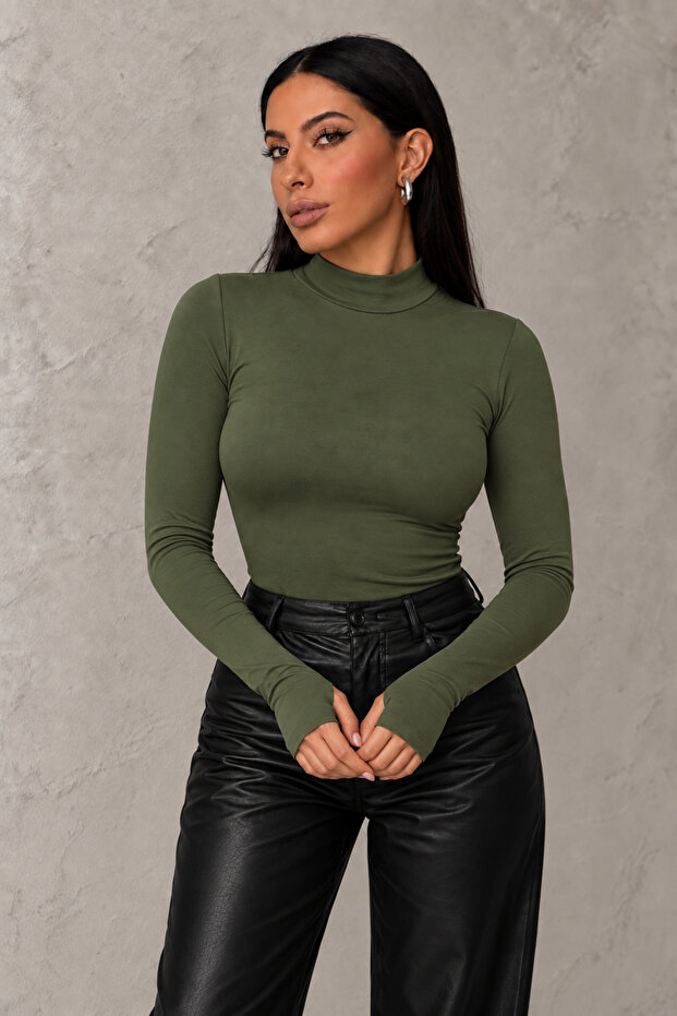 Women's Khaki Finger Detailed Bodysuit
