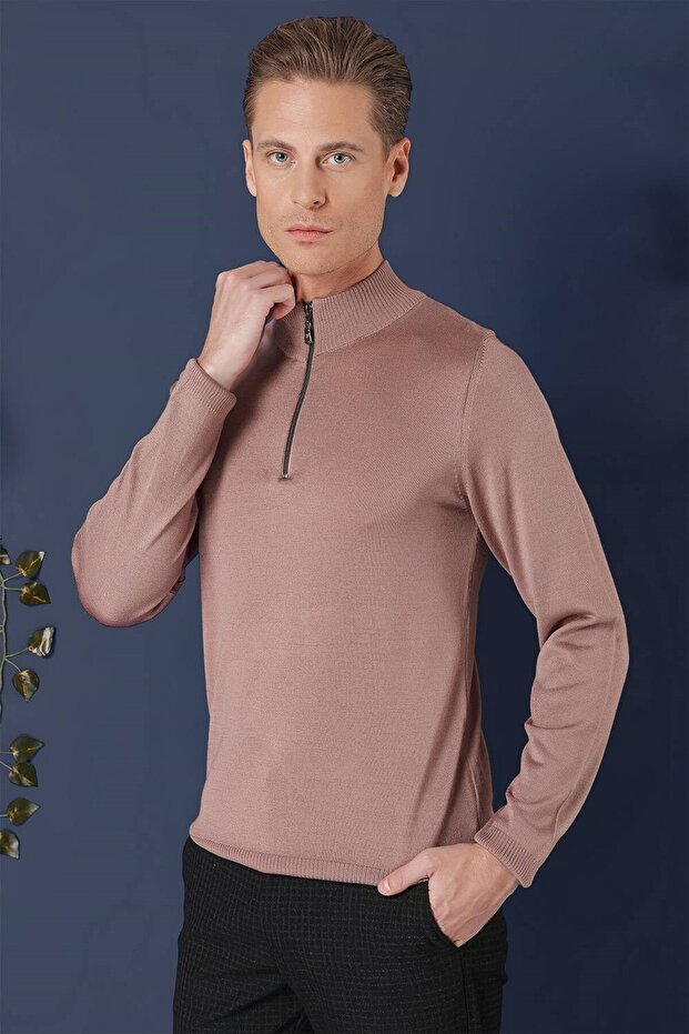 Slim Fit Ribbed Zippered Half Fisherman Wool Dusty Rose Knitwear Sweater Tr 861