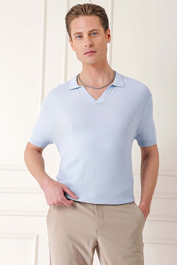 Slim Fit Polo Neck Short Sleeve 100% Cotton Blue Knitwear Tr 868