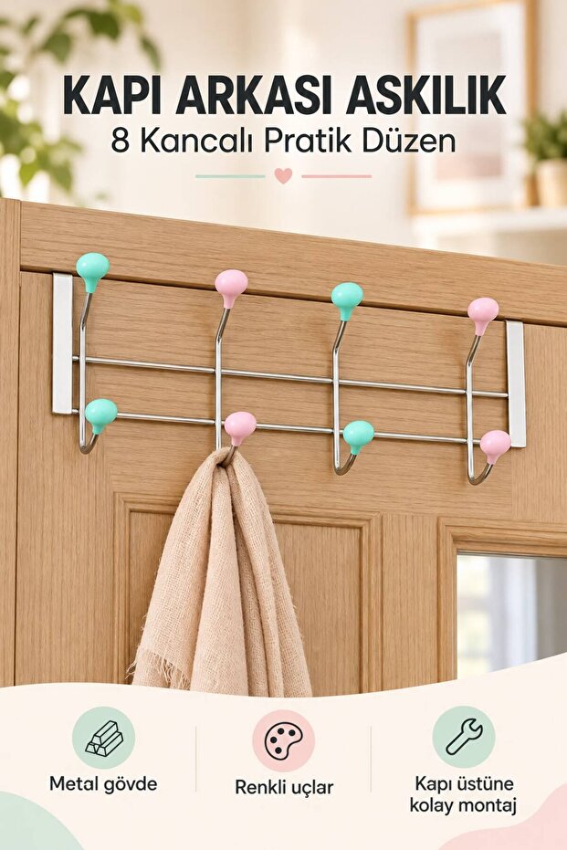 Multi-Purpose Door Back Hanger with Metal Hooks, 8 Hooks