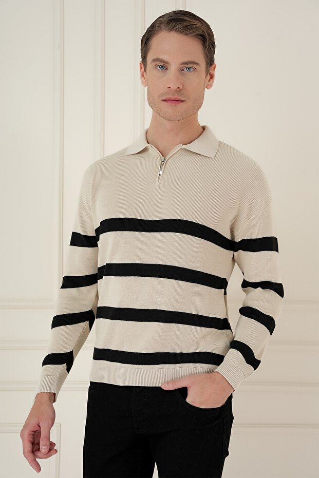 Slim Fit Striped Zippered Polo Neck Beige Knitwear Sweater Tr 877