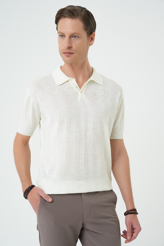 Comfort Fit Polo Neck Cotton Short Sleeve Casual Ecru Knitwear T-Shirt Tr 880