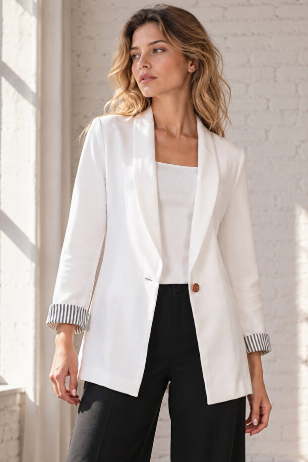 Women's White Striped Inside Sleeve Single Button Jacket Arm-22k001122