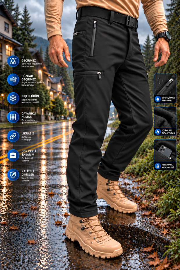 Softshell Men's Cargo Pants with Fleece Inside, Waterproof and Windproof, Thick Winter Pants
