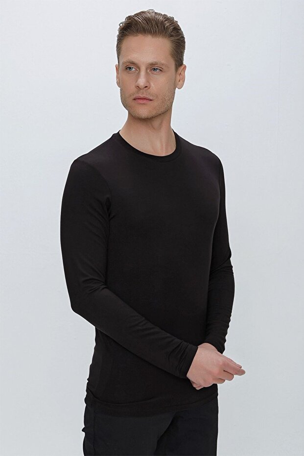 Slim Fit Crew Neck Flexible Long Sleeve Black T-Shirt Ts 842