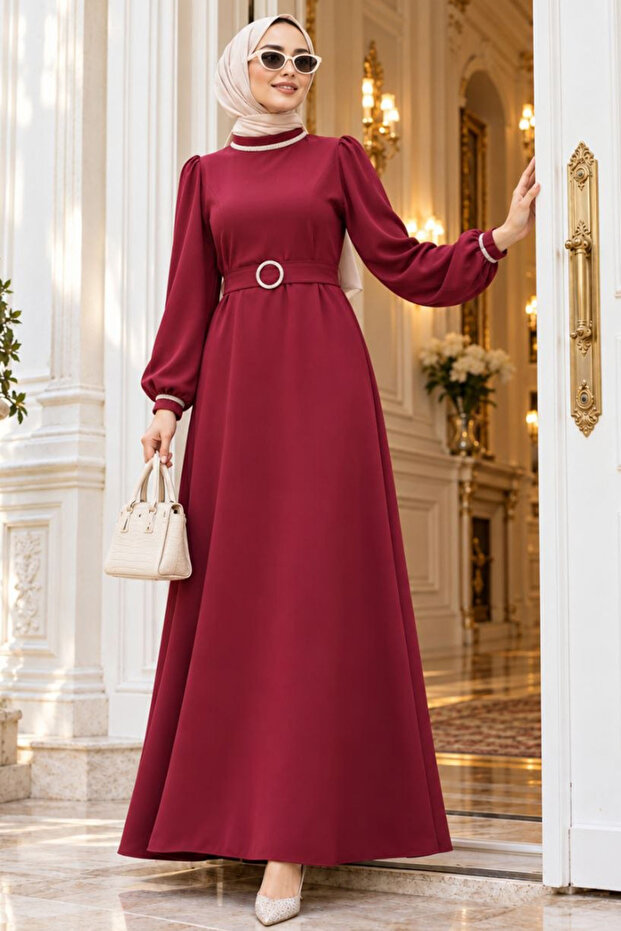 Belted Burgundy Hijab Evening Dress 30031Br