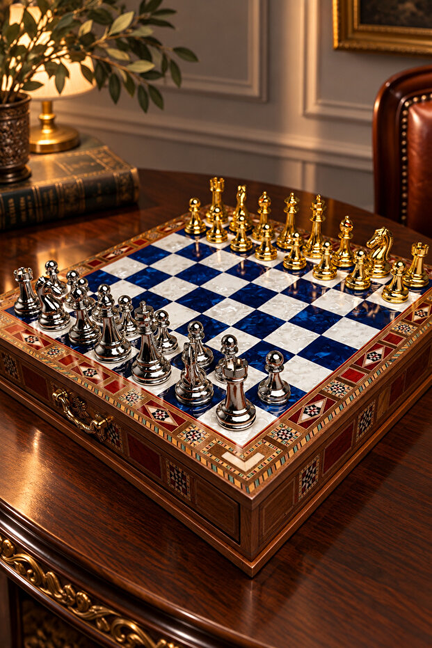 Premium Handmade Chess Set, Gold Silver Plated Metal Pieces, Wooden Chess, Gift, Chess Set 33 × 33 × 7 cm