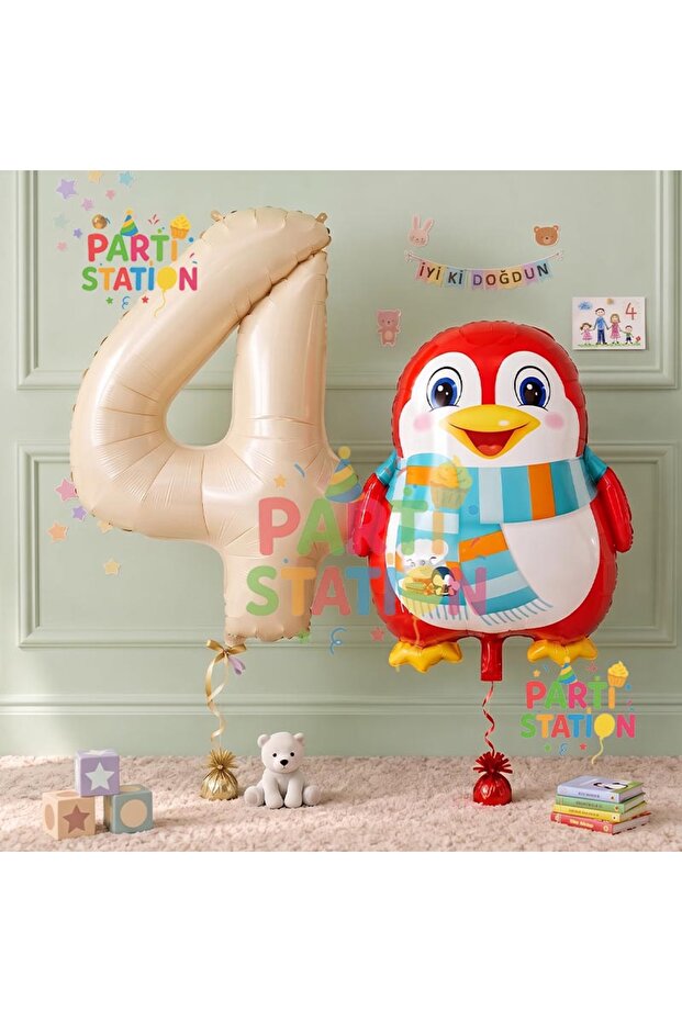 Cute Penguin Balloon 4Th Birthday Balloon Set Penguin Concept and Cream Color Number Balloon