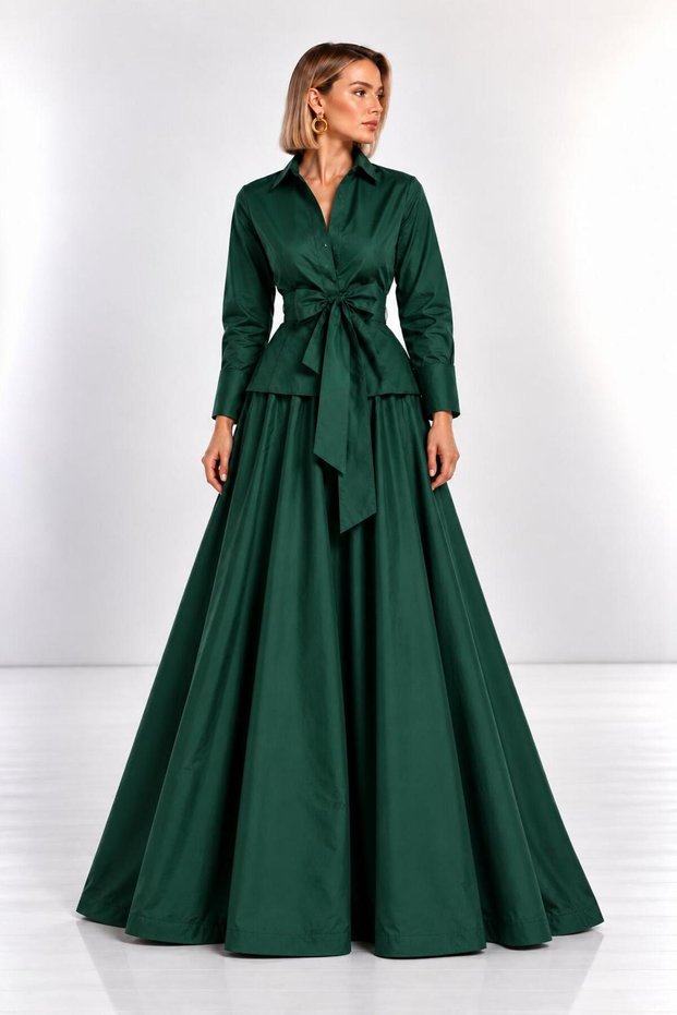 Long Sleeve Mobile Belted Double-Breasted Shirt & Maxi Skirt Bottom-Top Set Cou-28