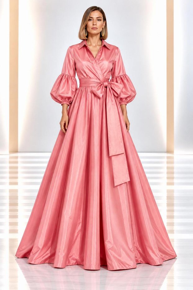 Maxi Length Balloon Sleeve Stylish Shirt Dress Cou-23