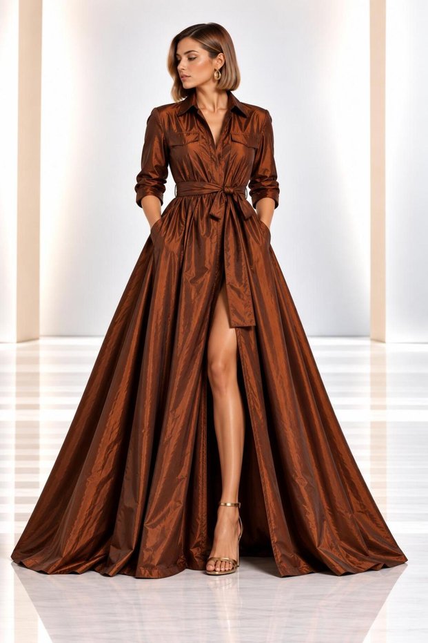 Maxi Boy Belted Stylish Taffeta Event Dress with Zipper Detail on the Front Cou-84