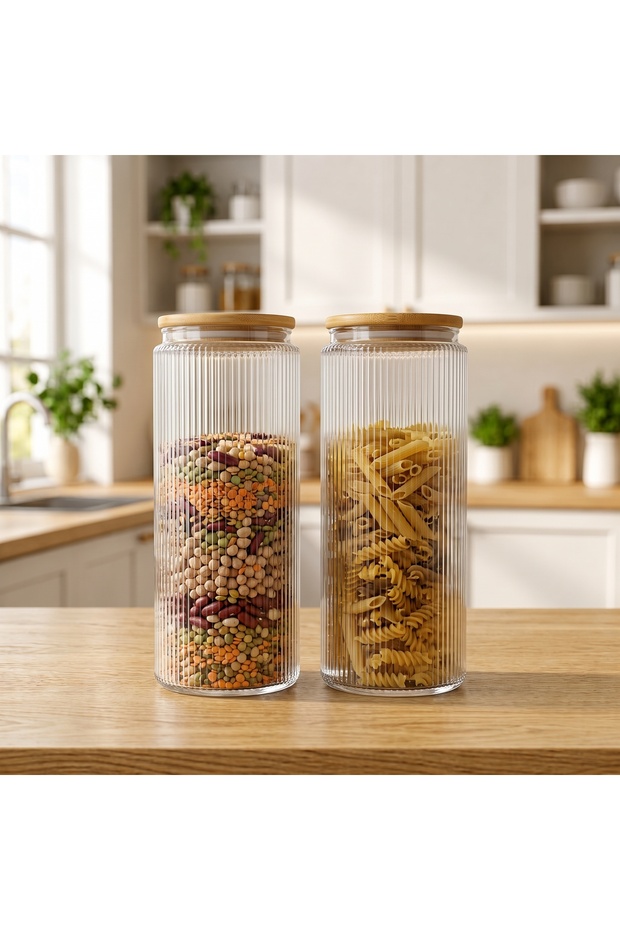 Set of 2 1500 ml Striped Glass Jars with Wooden Lids – Stylish and Modern Food Storage Jars