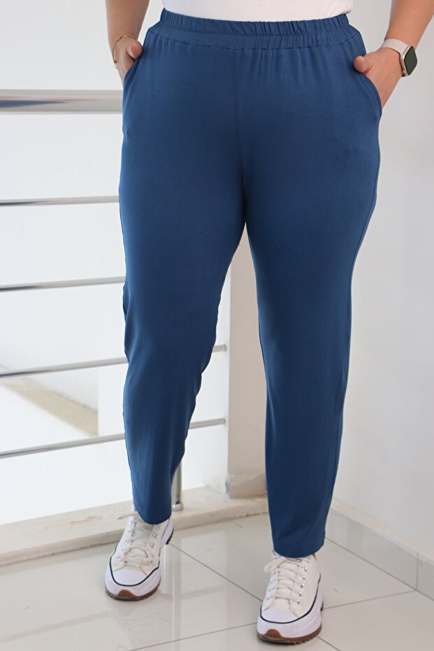 39001 Plus Size High Waist Elastic Combed Cotton Trousers - Petrol
