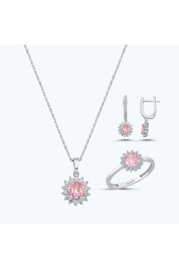 Pembe Taşlı Altın Üçlü Set