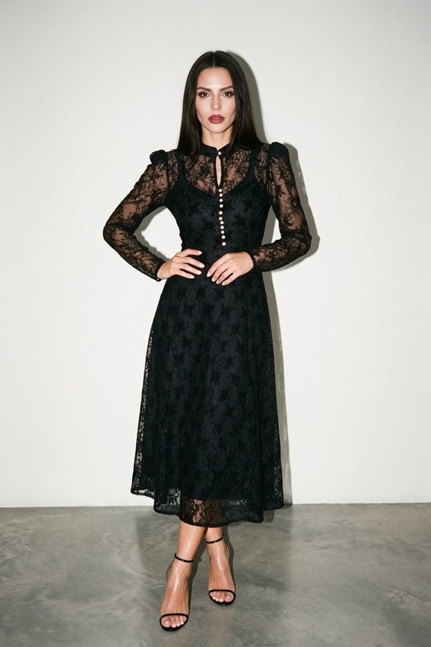 Black Button Detailed Midi Dress