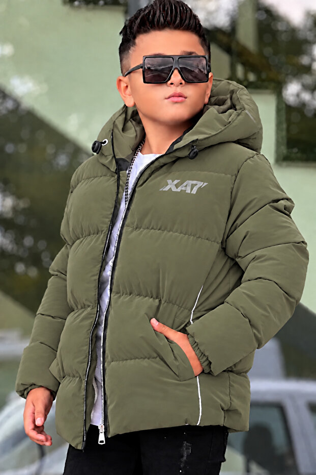 Boys' Hooded Printed Reflective Detailed Nova Fabric Winter Inflatable Coat Km4017