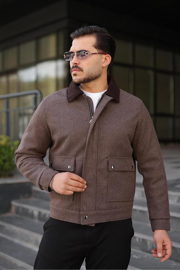 Men's Brown Premium Cashmere Coat – Contrast Velvet Collar, Zipper and Snap Detailing