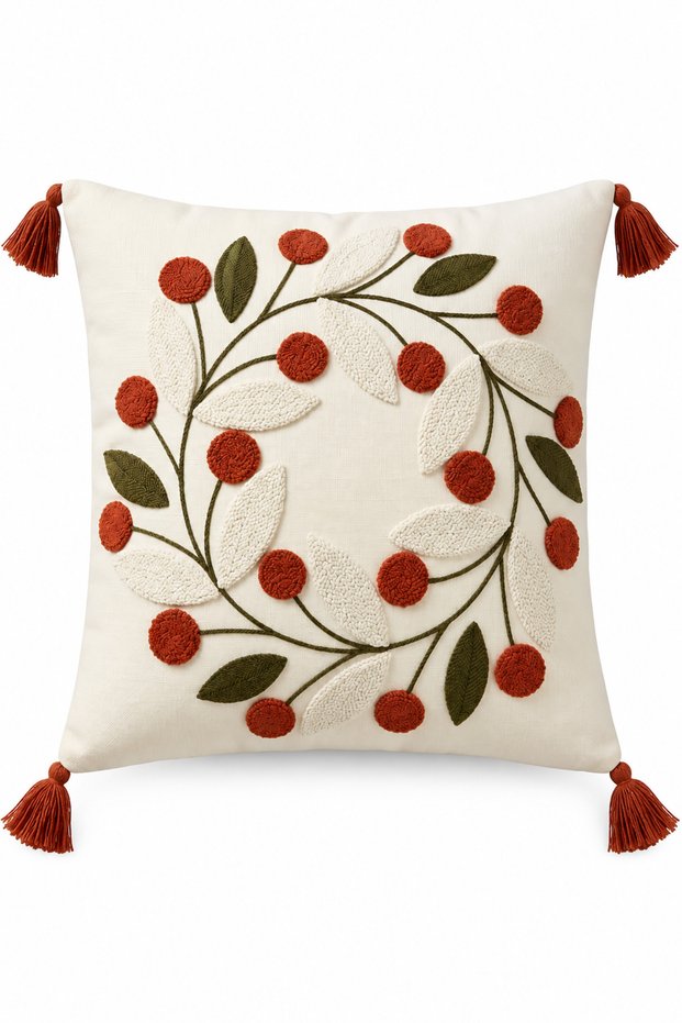 100% Cotton Piece Buldan Handmade Flower and Leaf Wreath D Patterned Embroidered P Tasseled K Cushion Cover 42X42 cm