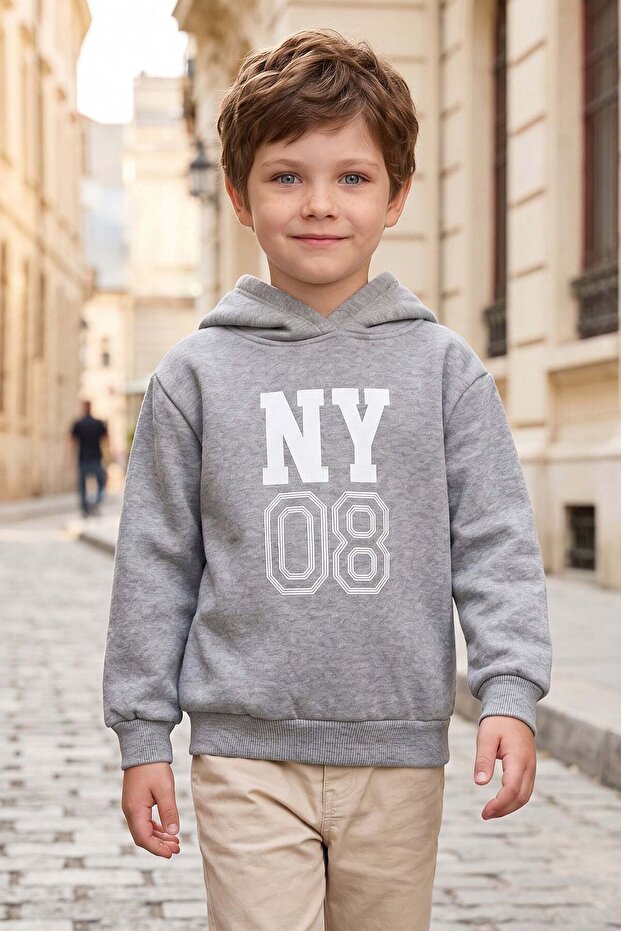 3 Thread Letter and Number Printed Hooded Boy's Sweatshirt