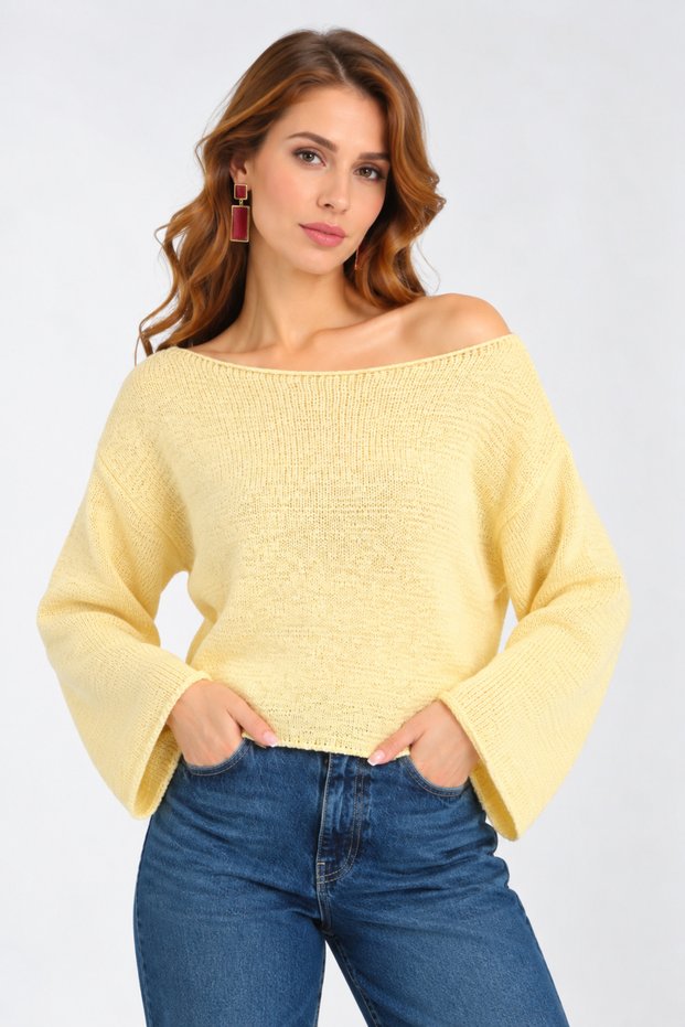 Pulover de damă oversize galben cu umăr jos