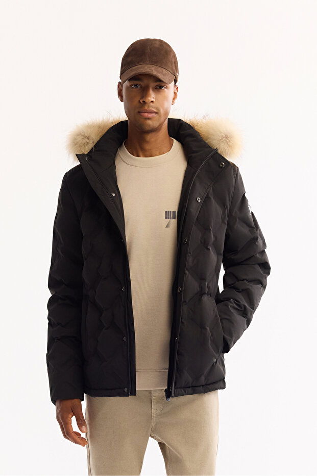 Men's Black Removable Hooded Fur Jacket 100% Goose down Water Repellent Windproof -10 Degree Resistant