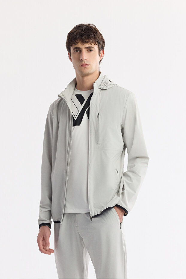 Men's Stone Hooded Water Repellent Bi-Stretch Technical Fabric Comfort Fit Coat A51Y6052