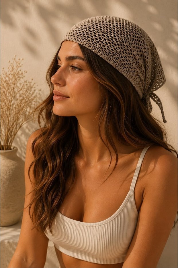 Mink Knitted Textured Soft Formed Triangular Bandana with Tie Detail and Hand-Knitted Look