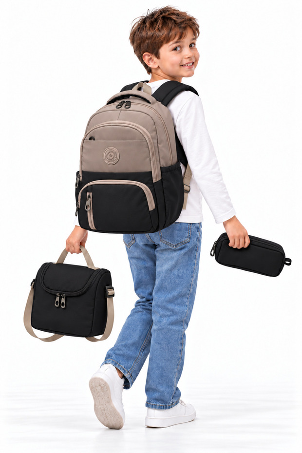 First School Bag Set of 3 Unisex Children's Water-Resistant Primary School Bag 8010 Mink-Black
