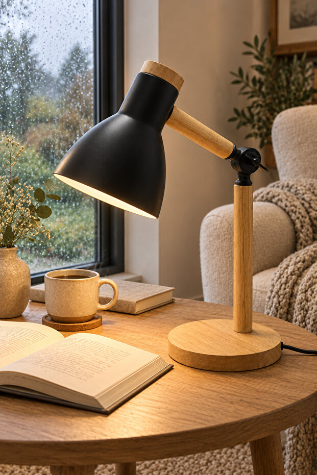 Natural Wood Nordic Black Table Lamp