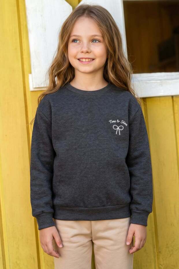 3 Thread Bow Embroidered Crew Neck Girls' Sweatshirt