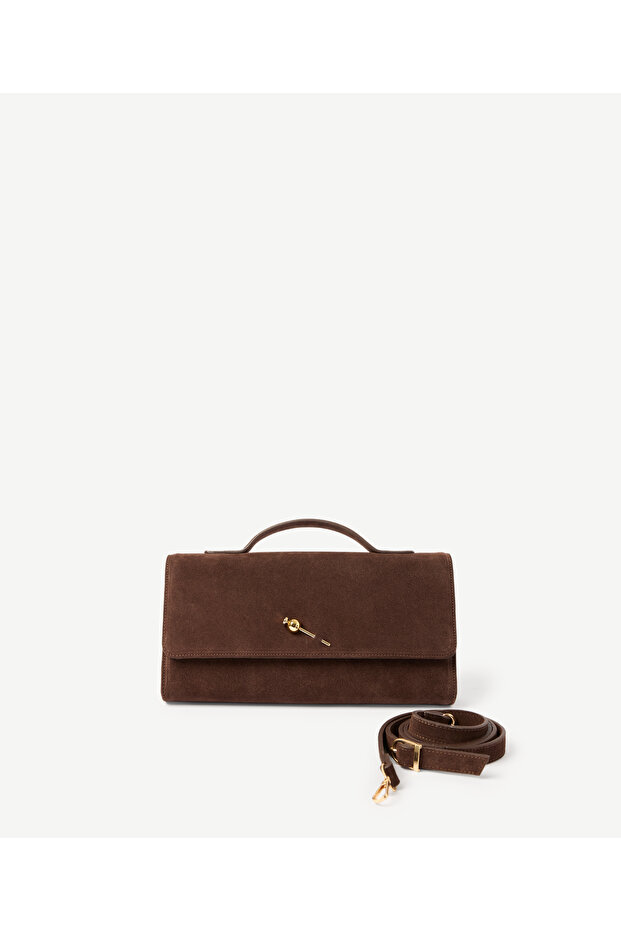 Brooch Detailed Suede Portfolio Bag