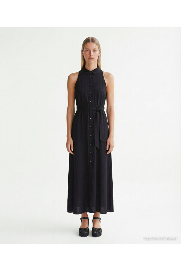 Slim Fit Shirt Collar Sleeveless Dress