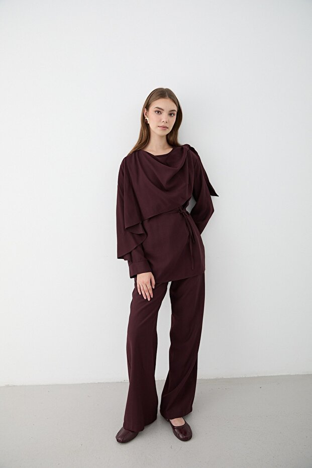 Women's Plum Draped Belted Blouse & Wide Leg Elastic Waist Pants Set