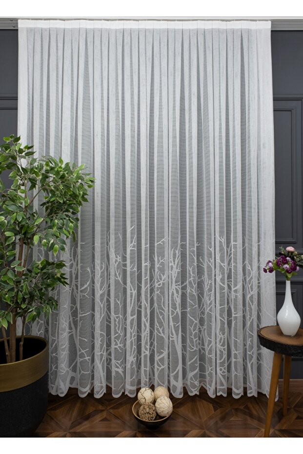 Branch Patterned Tulle Curtain | Off-White | 1X3 Dense Pleat | Heavy-Gauge Cast Structure | Modern Living Room Curtain