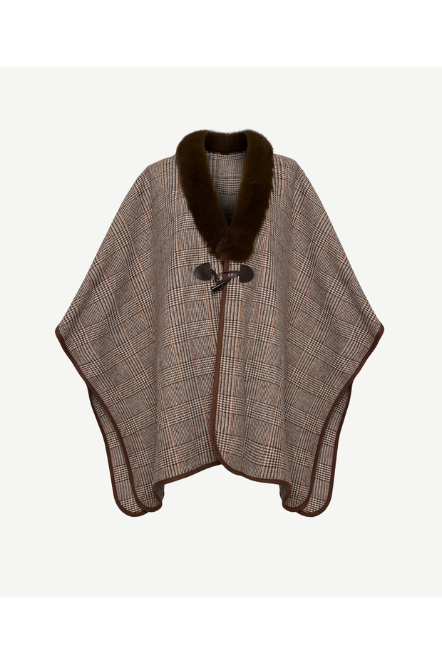 Fur Collared Patterned Poncho