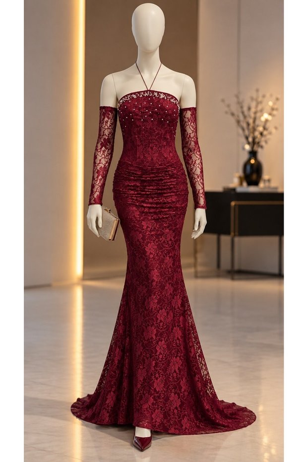 Burgundy Lace and Pearls Evening Dress 583401