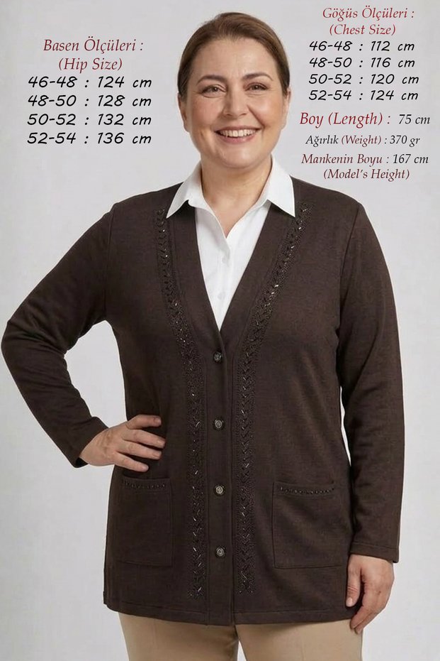 Women's Plus Size Stone Embellished Seasonal Mother Brown Cardigan - 75 cm Wide Four-Button Double Pocket Classic Flowy Tok Fabric Short Cardigan