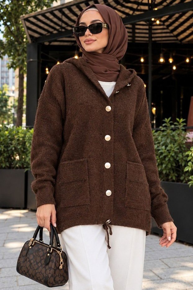 Hooded Buttoned Pocketed Brown Hijab Knitwear Cardigan 241482Kh