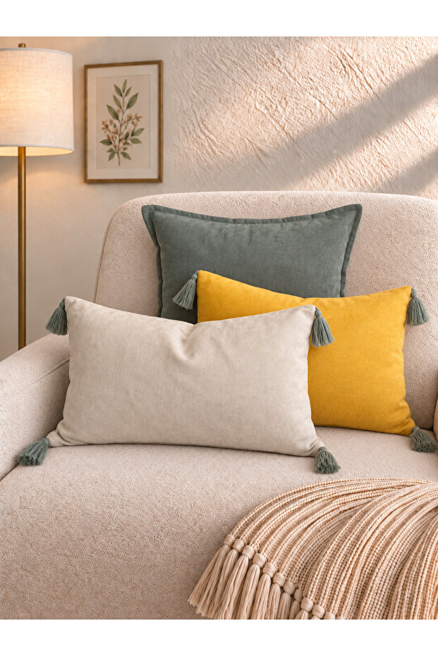 Throw Pillow Cover with Tassels Green Beige Mustard Set of 3