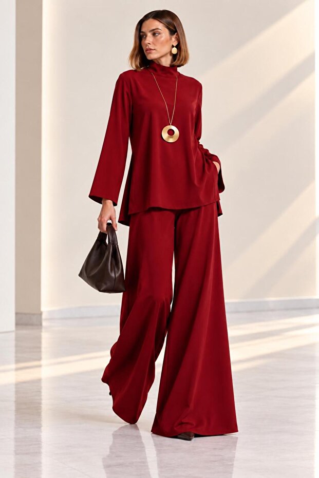 Blouse with Side Slits and Slit Detail & Wide-Legged Trousers Bottom Top Crepe Set Cou-116
