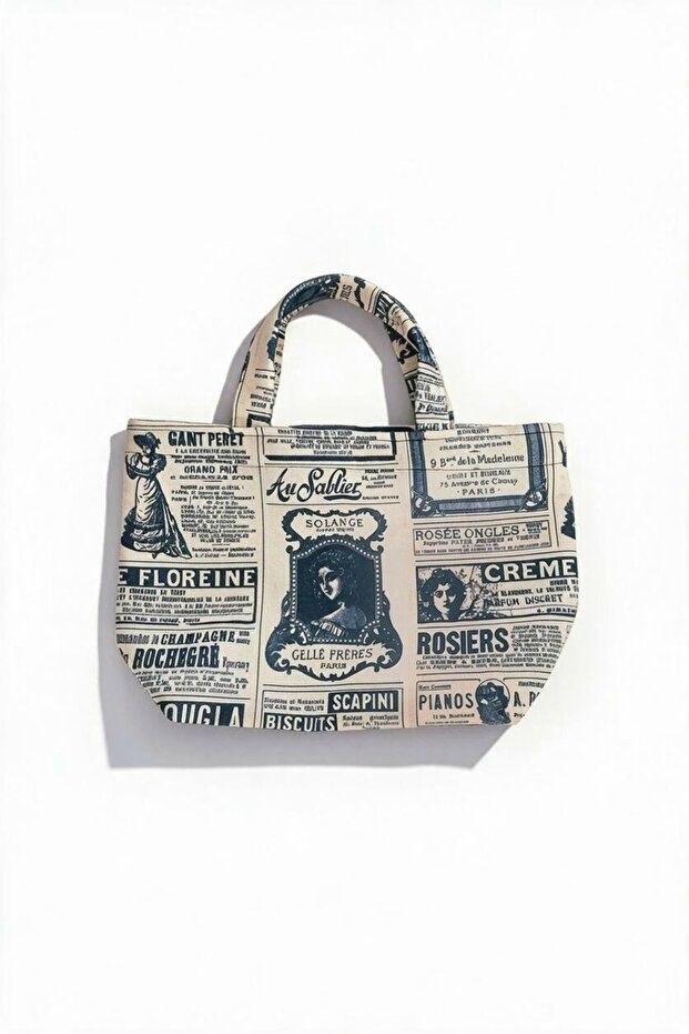 Beige Newspaper Patterned Small Handbag