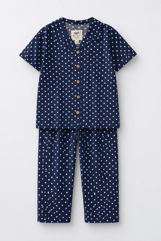 Shirt Collar Pajama Set 2-12 Years Old Navy Blue