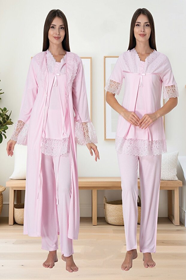 Effortt Pink Maternity Pajama Set with Dressing Gown
