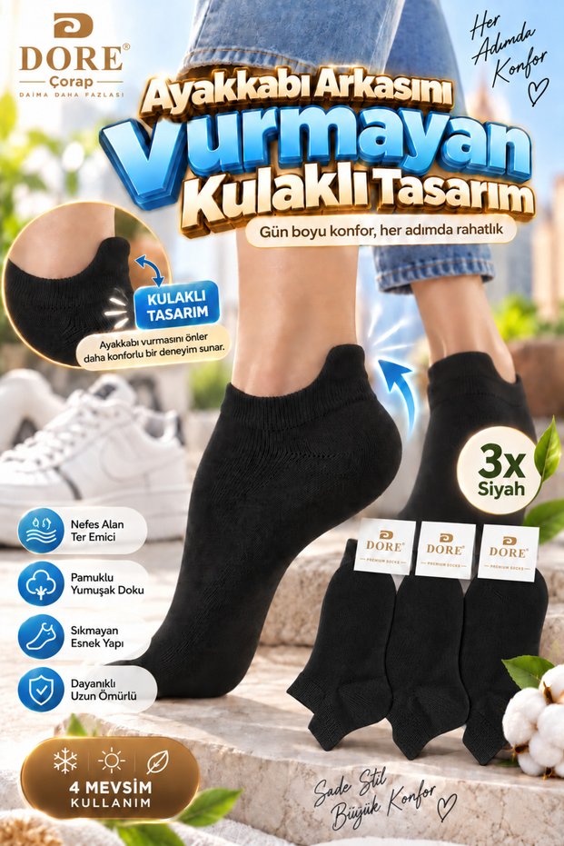 Original Unisex 3-Pair Comfort Model Premium Cotton Sweat-Absorbent & Breathable Seamless Non-Pressing Shoes Non-Bumping 4-Season Comfort All Day Long Ankle-Length Sports Shoes Sneaker Booties Socks