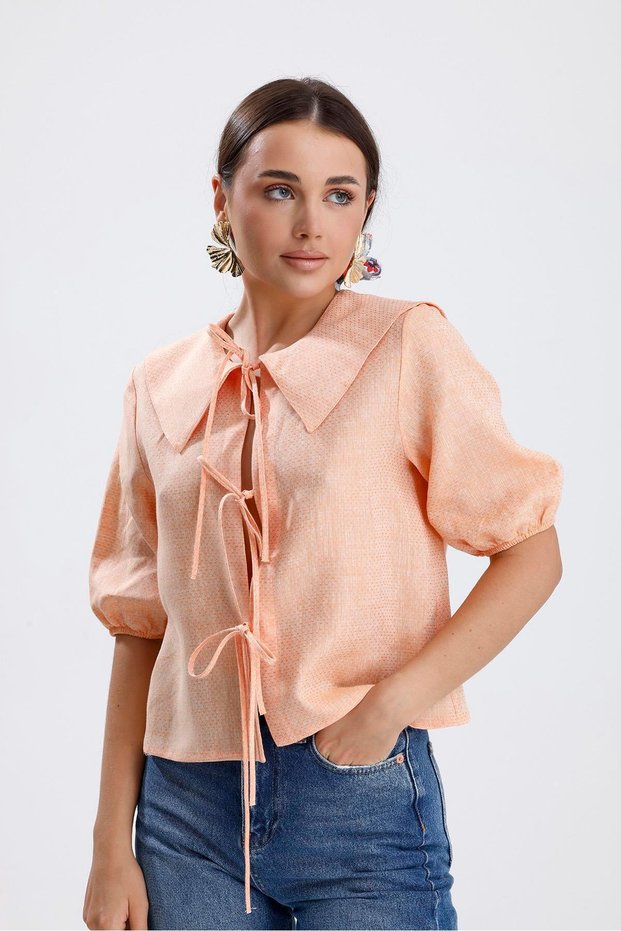 Aria Woven Linen Fabric Front Tie Baby Collar Blouse