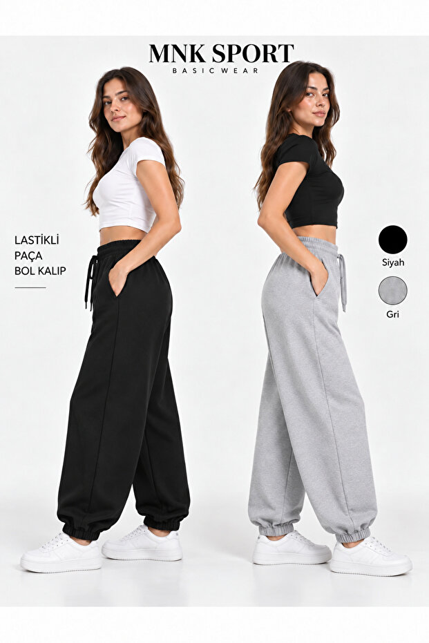 2Pcs Jogger Sweatpants-Black and Gray Elastic Cuff High Waist Sweatpants