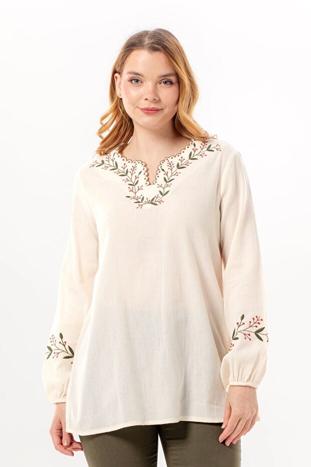 Long Sleeve Nevin Embroidery Detailed V-Neck Summer Shile Fabric Authentic Blouse Cream Krm