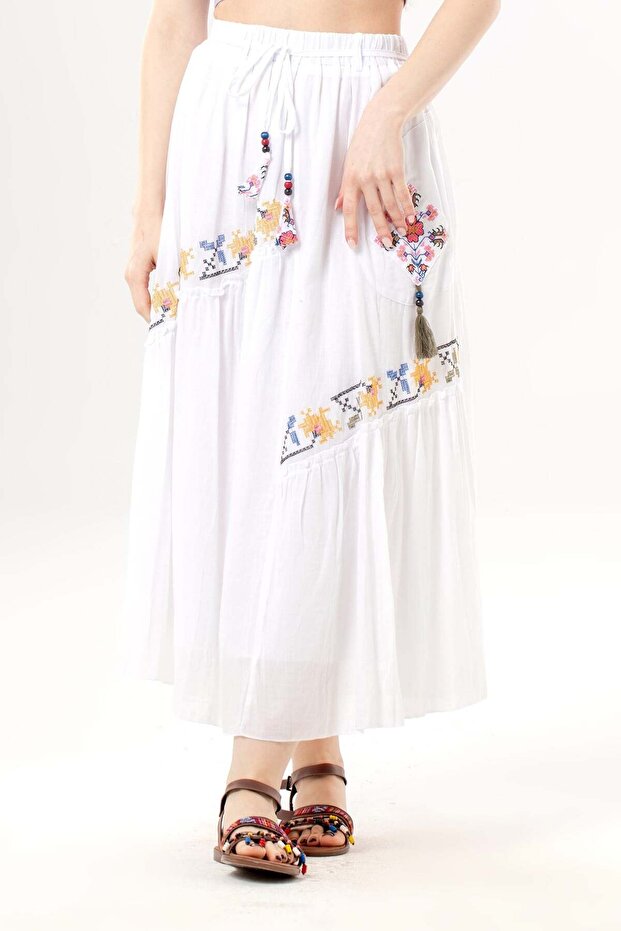 Nihal Tied Voile Elastic Waist Authentic Single Pocket Summer Long Skirt White Byz