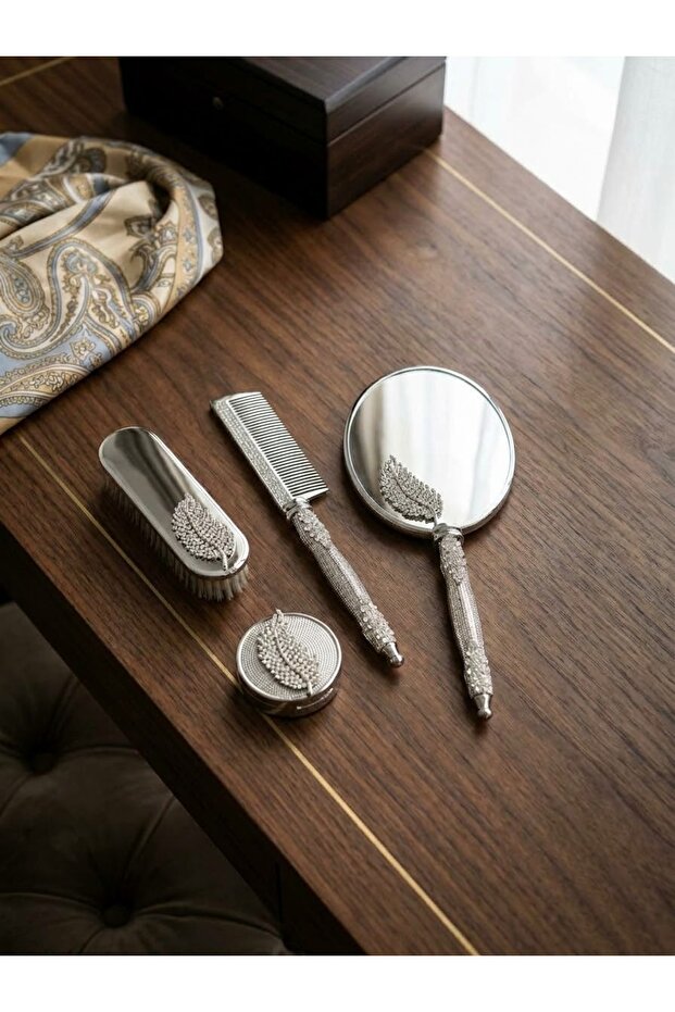 Luxury Mirror Comb Set Shiny Silver (Leaf)
